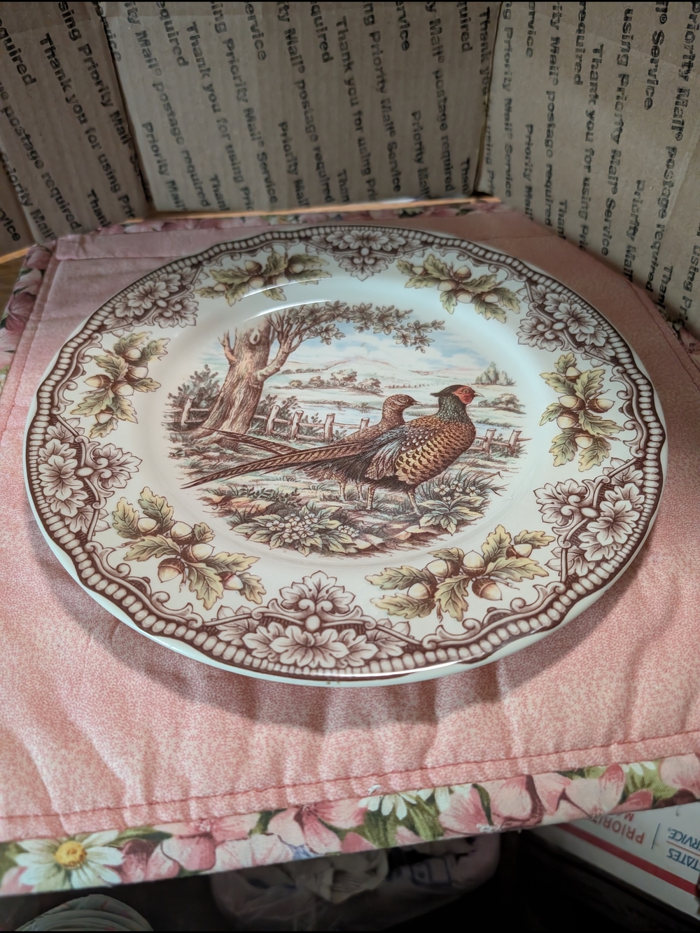 Pheasant Motif Ceramic Dinner Plate - Brown and Cream Accent